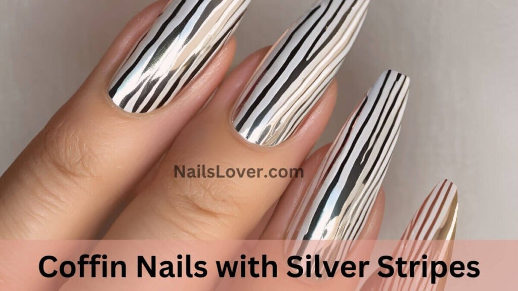 Coffin Nails with Silver Stripes Coffin Nails with Silver Stripes
