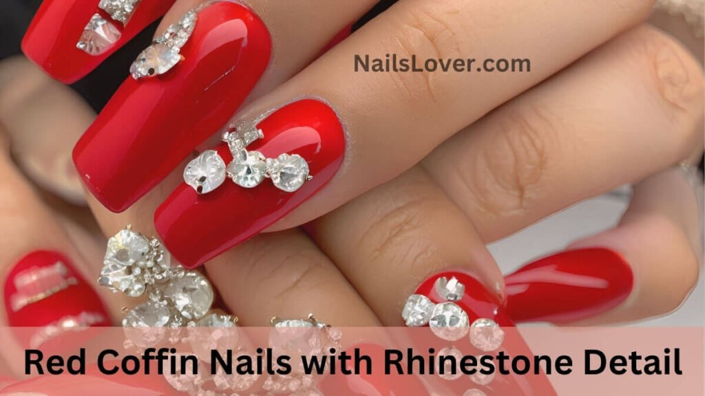 Red Coffin Nails with Rhinestone Detail Red Coffin Nails with Rhinestone Detail