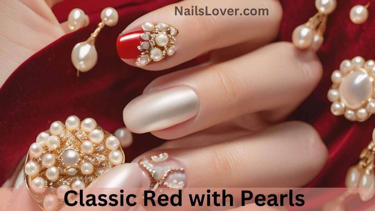 Red Nails with Pearls Red Nails with Pearls